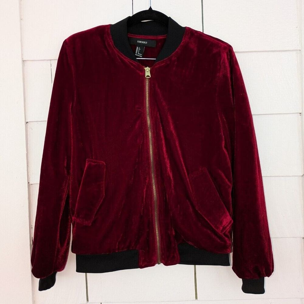 Forever 21 Women's S Red Velvet Bomber Jacket Y2K Streetwear McBling Retro Glam